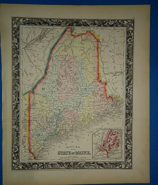 Vintage Circa 1860 Maine Map Old Antique Vibrant Hand Colored