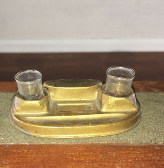 Rare Antique Dollhouse Miniature German Gilt Metal And Glass Desk Ink Stand