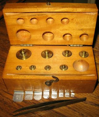 Vintage Brass Scale Weights In Wooden Box,  Tweezers