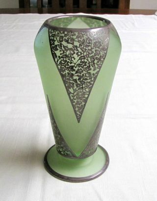 Antique Tiffin Satin Glass Vase W/ Rockwell Silver Flowered Triangle Overlay
