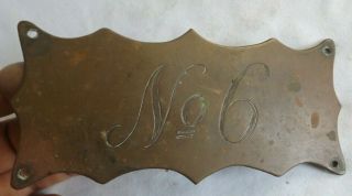 (estate) Fancy Shaped Brass Wall Plate Says " No 6 " Apt Number? Door Number?
