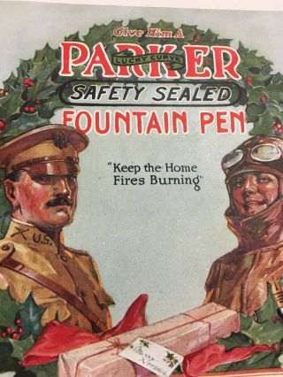 Antique 1918 World War I Parker Fountain Pen Christmas Holiday Greeting Card Ad