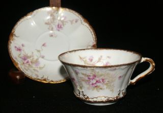 Antique Haviland Porcelain Cup & Saucer Double Gold Gilt Trim Daub Pink Flower 1