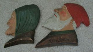 Pair Vintage Wood Hand Carved Painted & Signed Old Man & Woman Canadian Folk Art