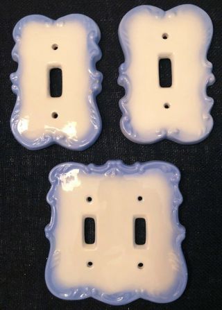 Vintage White Ceramic Light Switch Plate Covers Porcelain With Powder Blue Trim