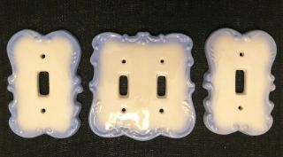 Vintage White Ceramic Light Switch Plate Covers Porcelain With Powder Blue Trim 2