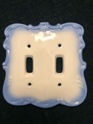 Vintage White Ceramic Light Switch Plate Covers Porcelain With Powder Blue Trim 3