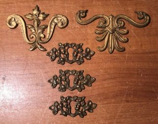 3 Antique Ornate Brass Or Bronze Keyhole Escutcheons & 2 Embellishments