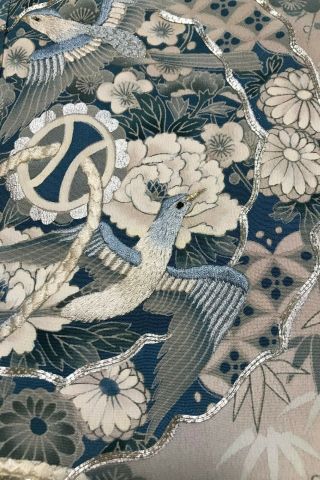 @@japanese Antique Kimono/ Tomesode Black Silk Fabric/ Medallion,  Flowers Pa73