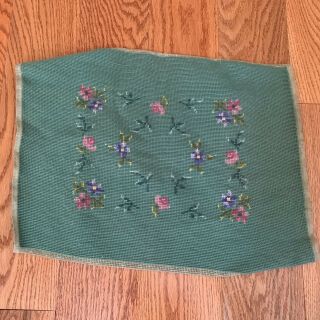 Vintage Antique Green Floral Pillow Top Chair Seat Completed Needlepoint