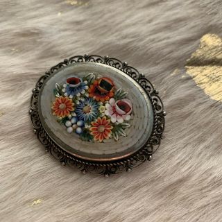 Antique Micro Floral Mosaic Brooch Vintage Glass || Made In Italy ||