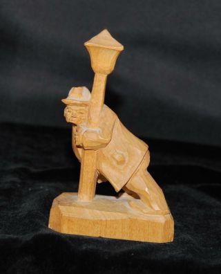 German Wooden Hand Carved Figurine - Drunk Man Holding Onto Pole - 4.  5 " H - Signed