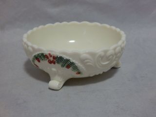 Antique Northwood Custard Glass Geneva Footed Dish Painted Holly And Berry