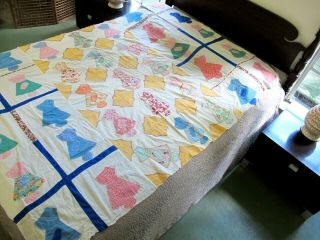 Vintage All Feed Sack Rustic,  Hand Sewn Sunbonnet Sue Applique Quilt Top