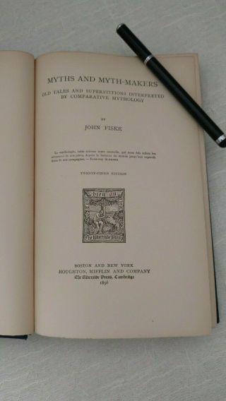 Antique Book Myths And Myth Makers By John Fiske Superstition Occult Tales,  1889