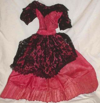 Antique Doll Dress 2 Piece Outfit Rose Color Black Lace Lady 7 " Waist