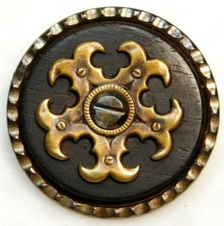 Fabulous Antique Button Brass Sprocket On Wood W Screw Head In A Steel Cup M4