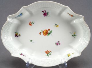 Antique Meissen 9 1/2 " Porcelain Oval Serving Dish With Hand Painted Flowers