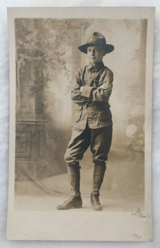 C 1920 Boy Scout In Uniform Real Photo Postcard Rppc Antique