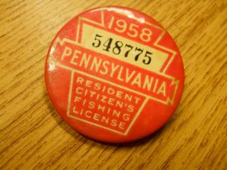 1958 Pennsylvania Pa State Residents Fishing License Pin/button /badge 548775