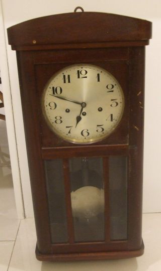 Very Large Antique Wall Clock About 29 Inches Tall W/ Key & Pendulum
