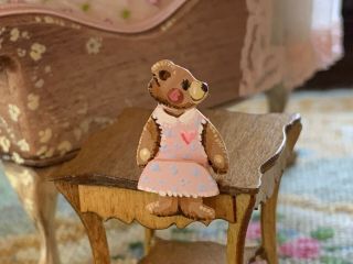 Vintage Miniature Dollhouse Karen Markland Pink Bear Shelf Sitter Book Holder