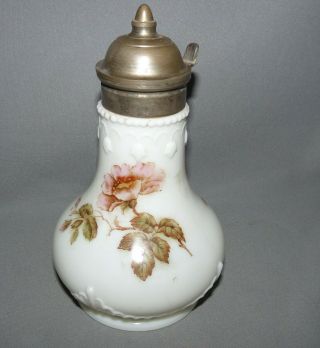 Antique Syrup Pitcher White Glass Hand Painted Pink Flowers Embossed Design