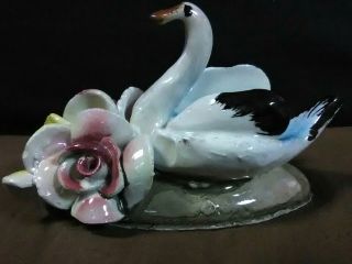 Lovely Antique N.  Capodimonte Handcrafted Small Swan/Rose Trinket Dish,  Italy 3