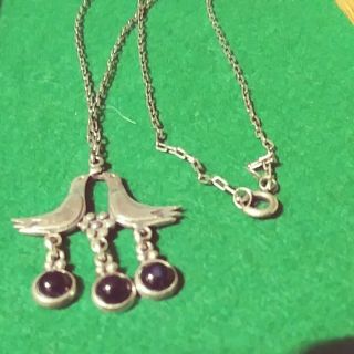 Antique Art Deco Era Sterling Silver Love Birds Pendant Onyx Dangle Necklace