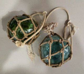 Vintage Japanese Glass Fishing Balls Aqua Olive Floats Buoy Nets