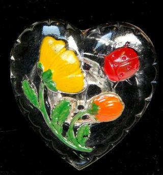 Antique Vtg Button Heart Shape W Lady Bug Glass Hand Painted 13/16 I