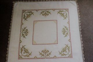 Vintage Beige Linen Tablecloth With Hand Sewn Cross Stitch.