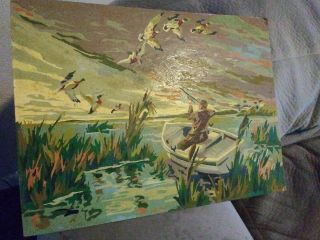 Vintage Duck Hunting Ducks Boat Gun Paint By Number Pbn Antique Painting