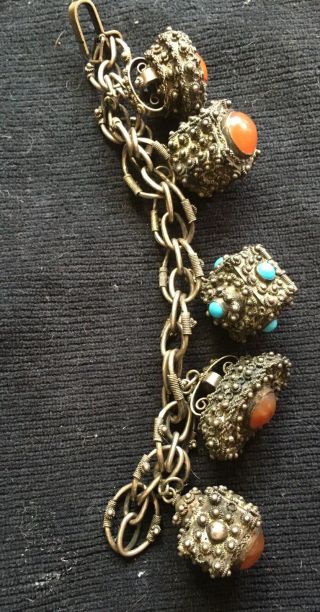 Antique Chinese / Tibetan Coral,  Turquoise And Silver Bracelet