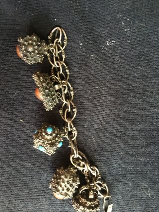 Antique Chinese / Tibetan Coral,  Turquoise And Silver Bracelet 3