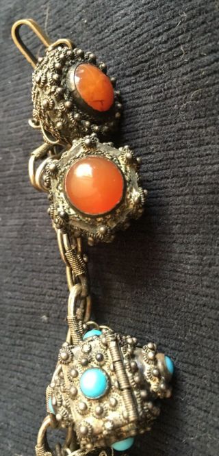 Antique Chinese / Tibetan Coral,  Turquoise And Silver Bracelet 8