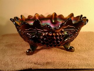 Antique Northwood 11 " Purple Carnival Glass Grape & Cable Footed Fruit Bowl