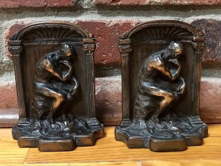 Antique Vintage " The Thinker " Rodin Bookends - Cast Iron Bronze - Art Deco