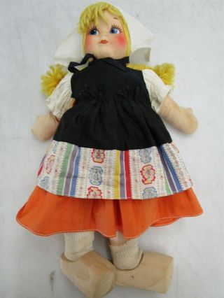 Vintage Cloth Dutch Doll With Wooden Clogs 14inch