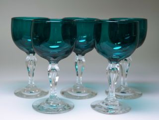 5 Early Green Bowl Clear Cut Stem Smooth Pontil Air Trap Stem Wine Glasses