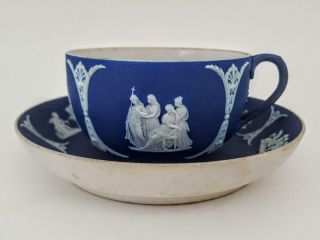 Antique Wedgwood Dark Blue Jasperware Split Handle Tea Cup & Saucer C1900