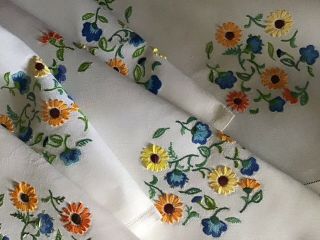 Gorgeous Vintage Irish Linen Hand Embroidered Tablecloth Pretty Floral Display