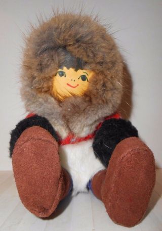 Vintage - Sitting Eskimo Cloth Doll,  Real Fur & Leather,  Handmade Very Cute