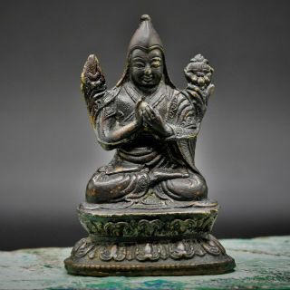 18th Century - Chinese Bronze Antique,  Tibet Buddha Yellow Hat,  Tsongkhapa Gulug