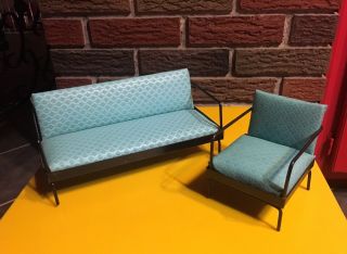 Vintage Mid Century Modern Metal Vinyl Doll Furniture Sofa Couch Chair Blue Old