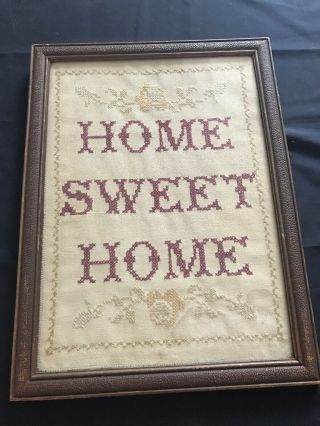 Vintage Antique Folk Art Sampler Framed - Cross Stitch Needlework Home Sweet Home