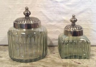 Antique Glass Vanity Jars,  Art Deco Style With Silver Metal Lids,  Set Of Two