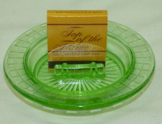Vtg Antique Green Uranium Vaseline Depression Glass Ashtray & Match Book Holder
