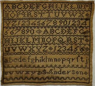 Small Early 19th Century Black Stitch Work Alphabet Sampler By S.  Anderson C.  1835