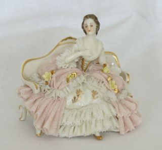 Vintage Antique Dresden Germany Lace Lady On Sofa Bench Figurine 3 " Tall